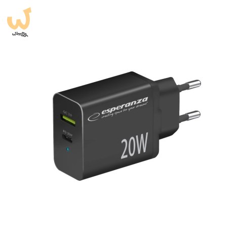 ESPERANZA ŁADOWARKA SIECIOWA 20W USB-C PD 20W / USB-A QC 3.0 18W CZARNA EZC105K ESPERANZA ŁADOWARKA SIECIOWA 20W USB-C PD 20W / USB-A QC 3.0 18W CZARNA EZC105K