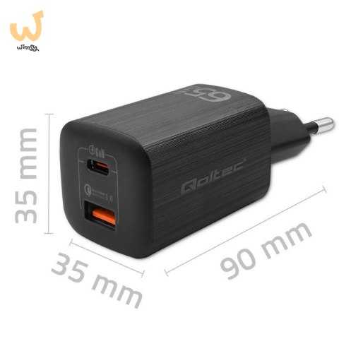 QOLTEC ŁADOWARKA SIECIOWA 65W GAN ULTRA | 5-20V | 2.25-3.25A | 1 X USB TYP C PD | 1 X USB QC 3.0 | CZARNA QOLTEC ŁADOWARKA SIECIOWA 65W GAN ULTRA | 5-20V | 2.25-3.25A | 1 X USB TYP C PD | 1 X USB QC 3.0 | CZARNA