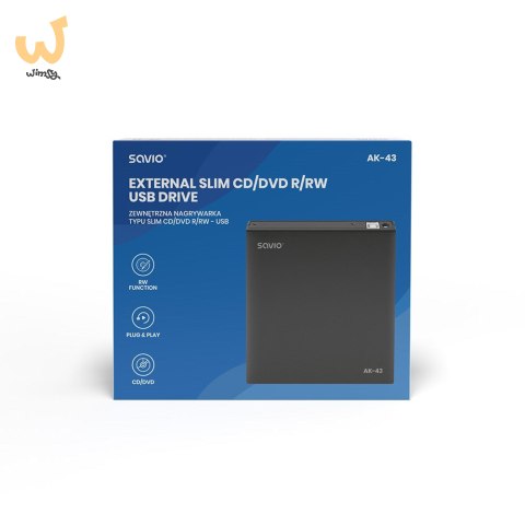 SAVIO NAGRYWARKA ZEWNĘTRZNA TYPU SLIM CD/DVD R/RW - USB 2.0 AK-43 SAVIO NAGRYWARKA ZEWNĘTRZNA TYPU SLIM CD/DVD R/RW - USB 2.0 AK-43
