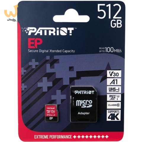 Karta pamięci z adapterem Patriot Memory EP Pro PEF512GEP31MCX (512GB; Class 10, Class A1, Class U3, V30; Adapter, Karta pamięci Karta pamięci z adapterem Patriot Memory EP Pro PEF512GEP31MCX (512GB; Class 10, Class A1, Class U3, V30; Adapter, Karta pamięci