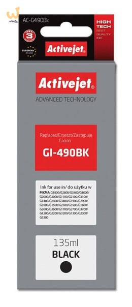 Activejet AC-G490Bk Tusz (zamiennik Canon GI-490BK; Supreme; 135 ml; 6000 stron, czarny)
