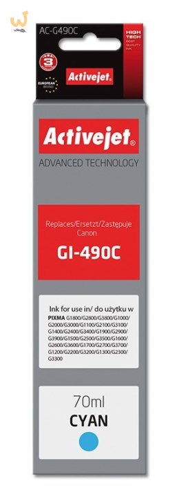Activejet AC-G490C Tusz (zamiennik Canon GI-490C; Supreme; 70 ml; 7000 stron, niebieski)