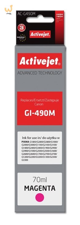 Activejet AC-G490M Tusz (zamiennik Canon GI-490M; Supreme; 70 ml; 7000 stron, czerwony)