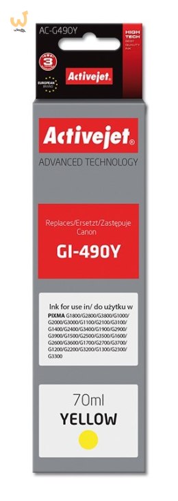 Activejet AC-G490Y Tusz (zamiennik Canon GI-490Y; Supreme; 70 ml; 7000 stron, żółty)