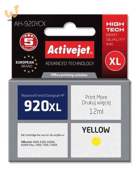 Activejet AH-920YCX Tusz (zamiennik HP 920XL CD974AE; Premium; 12 ml; żółty) Activejet AH-920YCX Tusz (zamiennik HP 920XL CD974AE; Premium; 12 ml; żółty)