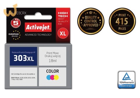 Activejet AH-303CRX Tusz (zamiennik HP 303XL T6N03AE; Premium; 18ml; kolor) Activejet AH-303CRX Tusz (zamiennik HP 303XL T6N03AE; Premium; 18ml; kolor)