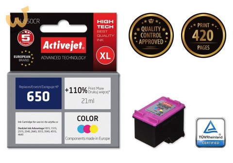 Activejet AH-650CR Tusz (zamiennik HP 650 CZ102AE; Premium; 21 ml; kolor) Activejet AH-650CR Tusz (zamiennik HP 650 CZ102AE; Premium; 21 ml; kolor)