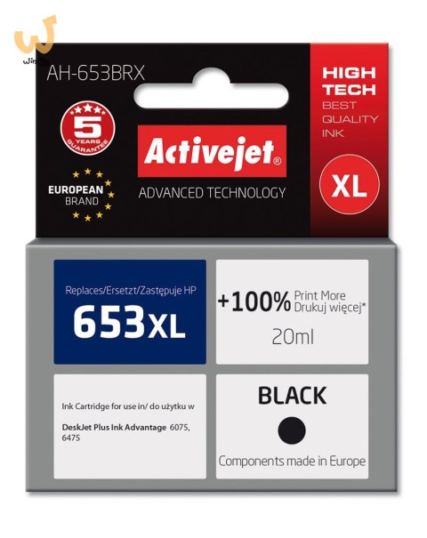 Activejet AH-653BRX Tusz (zamiennik HP 653XL 3YM75AE; Premium; 720 stron; 20 ml, czarny) Activejet AH-653BRX Tusz (zamiennik HP 653XL 3YM75AE; Premium; 720 stron; 20 ml, czarny)