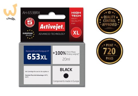 Activejet AH-653BRX Tusz (zamiennik HP 653XL 3YM75AE; Premium; 720 stron; 20 ml, czarny) Activejet AH-653BRX Tusz (zamiennik HP 653XL 3YM75AE; Premium; 720 stron; 20 ml, czarny)