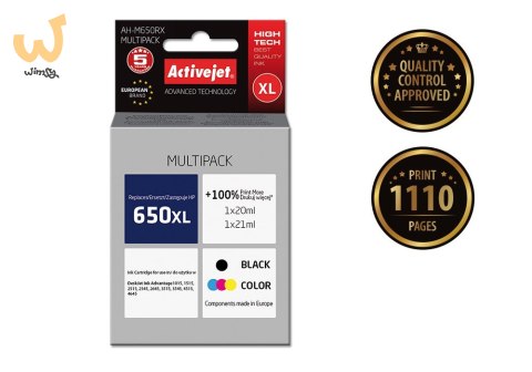 Activejet AH-M650RX Tusz (zamiennik HP 650 CZ101AE/CZ102AE; Premium; 1 x 20 ml, 1 x 21 ml; 1110 stron, czarny, kolor) Activejet AH-M650RX Tusz (zamiennik HP 650 CZ101AE/CZ102AE; Premium; 1 x 20 ml, 1 x 21 ml; 1110 stron, czarny, kolor)