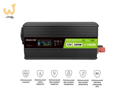 GREEN CELL PRZETWORNICA LCD 12V/230V 500W/1000W CZYSTY SINUS INVGC12P500LCD GREEN CELL PRZETWORNICA LCD 12V/230V 500W/1000W CZYSTY SINUS INVGC12P500LCD