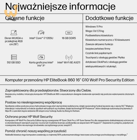 HP EliteBook 860 G10 i7-1355U 16"WUXGA 250nits AG 16GB DDR5 SSD512 Iris Xe 76Wh W11Pro HP EliteBook 860 G10 i7-1355U 16"WUXGA 250nits AG 16GB DDR5 SSD512 Iris Xe 76Wh W11Pro