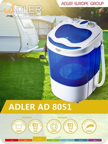 Pralka turystyczna Adler AD 8051 (1000 obr/min; 3 kg; 370 mm; kolor niebieski) Pralka turystyczna Adler AD 8051 (1000 obr/min; 3 kg; 370 mm; kolor niebieski)