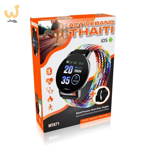 MEDIA-TECH SMARTBAND THAITI, MONITORING CIŚNIENIA KRWI, PULSU ORAZ INNYCH PARAMETRÓW, DWA PASKI NYLONOWE W ZESTAWIE MT871 MEDIA-TECH SMARTBAND THAITI, MONITORING CIŚNIENIA KRWI, PULSU ORAZ INNYCH PARAMETRÓW, DWA PASKI NYLONOWE W ZESTAWIE MT871