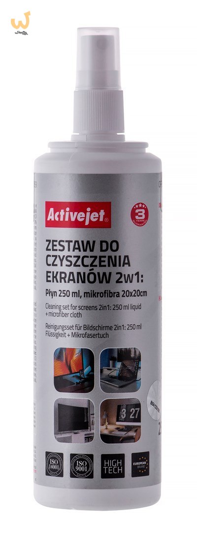 Activejet AOC-269 Zestaw do czyszczenia ekranów 2w1 250 ml., 20x20 cm Activejet AOC-269 Zestaw do czyszczenia ekranów 2w1 250 ml., 20x20 cm