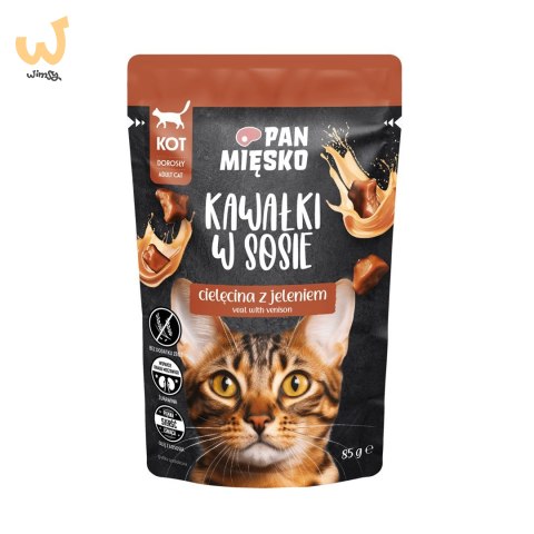 PAN MIĘSKO Kawałki w sosie Cielęcina z jeleniem (dorosły) - Karma mokra dla kota - 85g PAN MIĘSKO Kawałki w sosie Cielęcina z jeleniem (dorosły) - Karma mokra dla kota - 85g